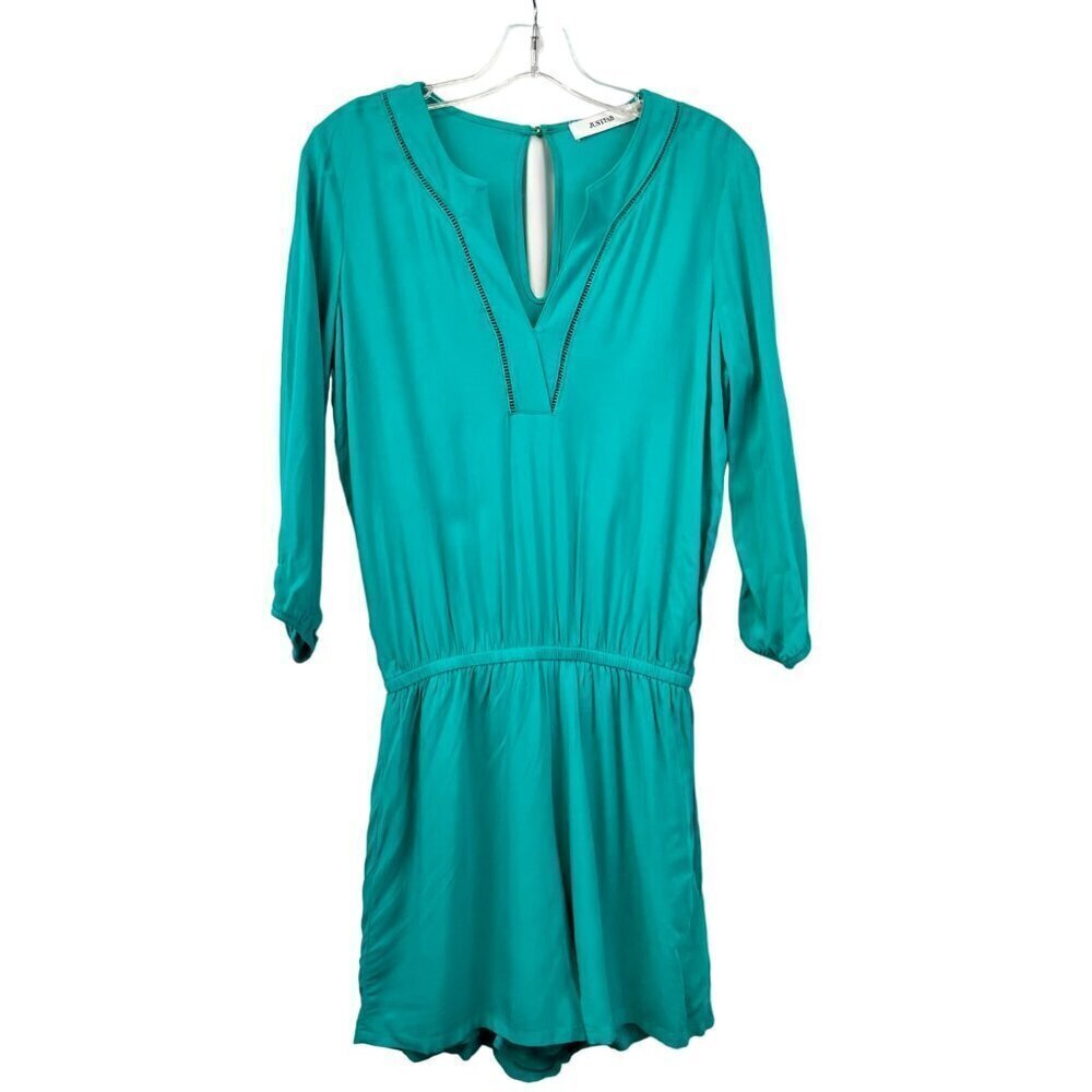 JUSTFAB Womens 3/4 Sleeve V-Neck Romper Turquoise Keyhole Back Size Small